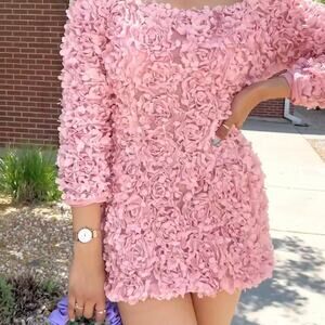 Bella Barnett 3D Pink Petal Mini Long Sleeve Pink Floral Dress size Medium